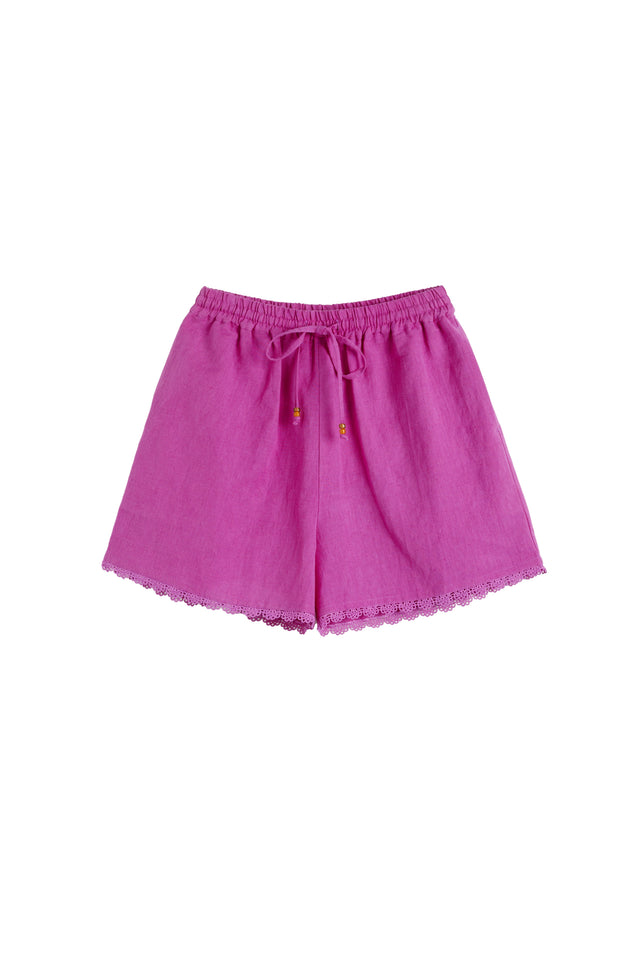 Magenta Linen-Blend Scallop Edge Shorts image 4