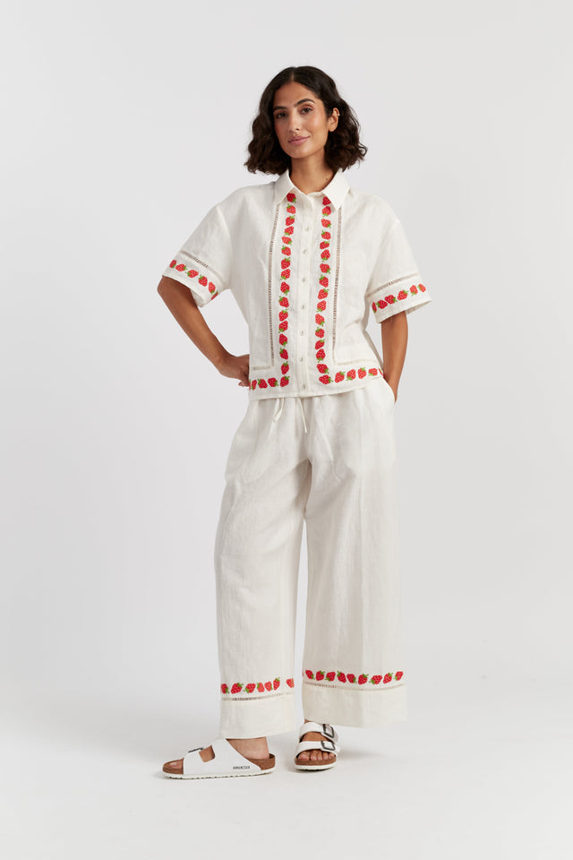 Cream Linen-Blend Strawberry Trousers image 2