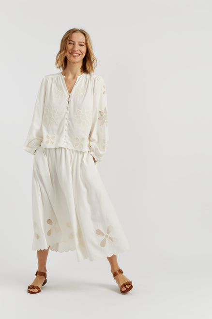 Cream Linen-Blend Broderie Skirt