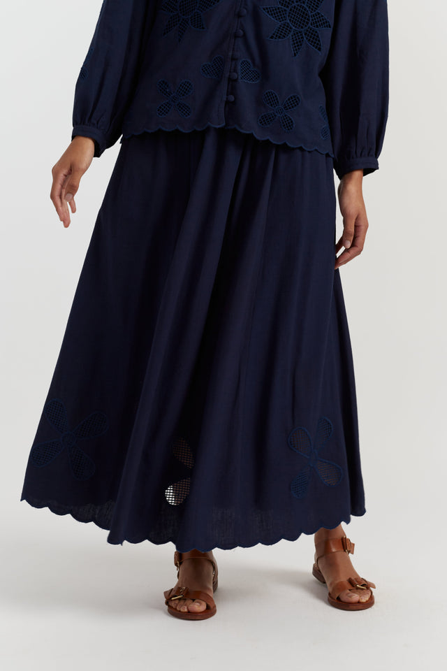 Navy Linen-Blend Broderie Skirt image 2