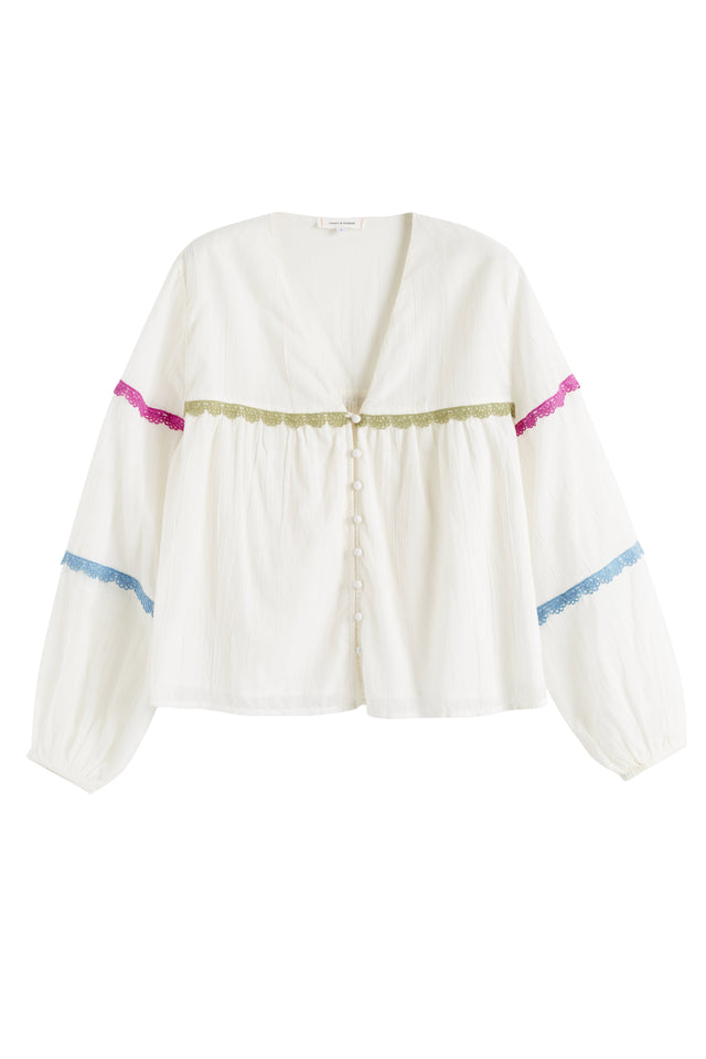 Cream Cotton Rainbow Scallop Blouse image 4