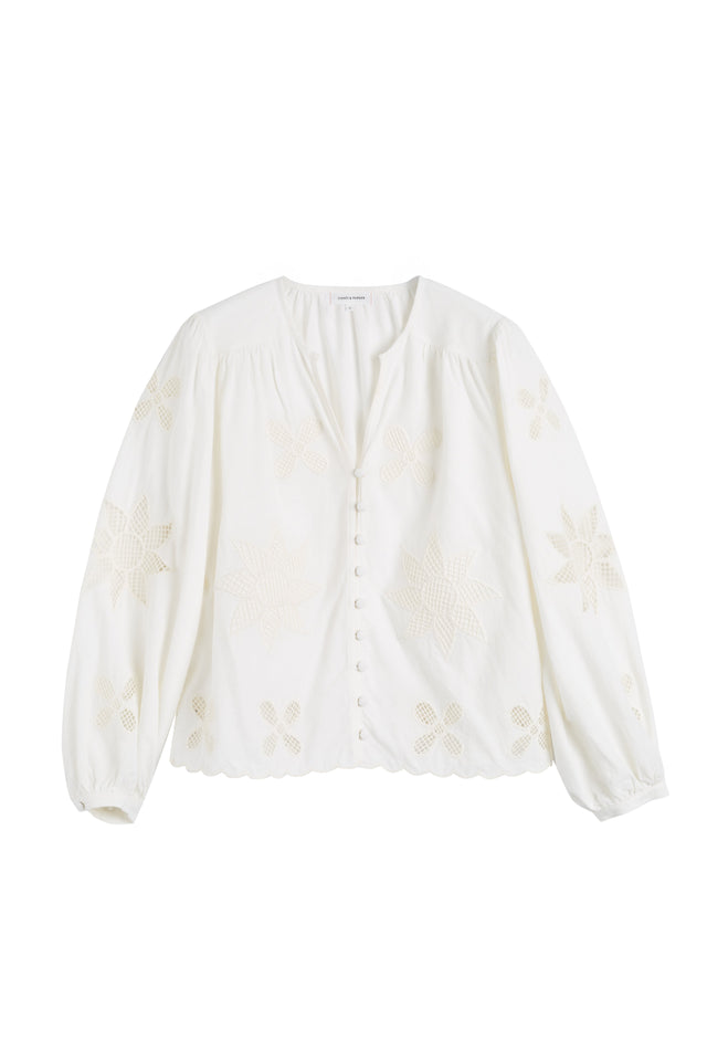 Cream  Linen-Blend Broderie Blouse image 5