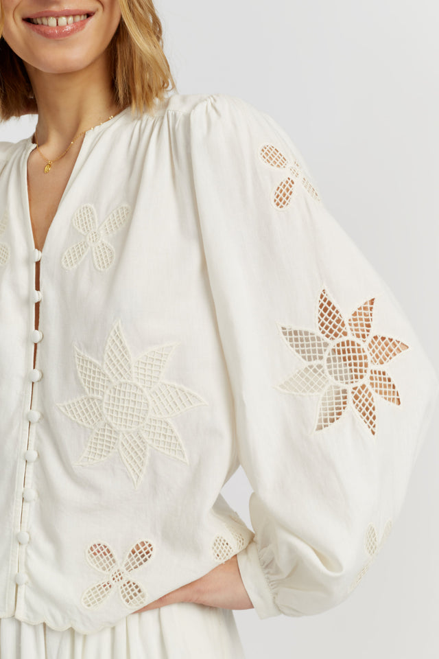Cream  Linen-Blend Broderie Blouse image 4