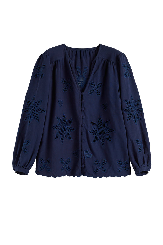 Navy Linen-Blend Broderie Blouse image 4