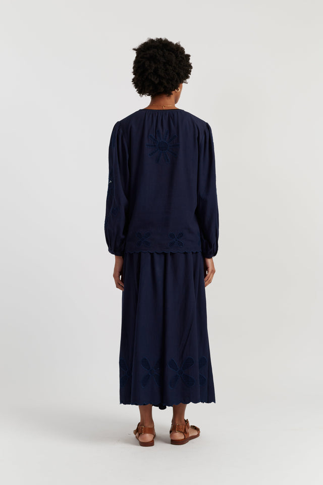 Navy Linen-Blend Broderie Blouse image 2