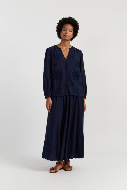 Navy Linen-Blend Broderie Skirt