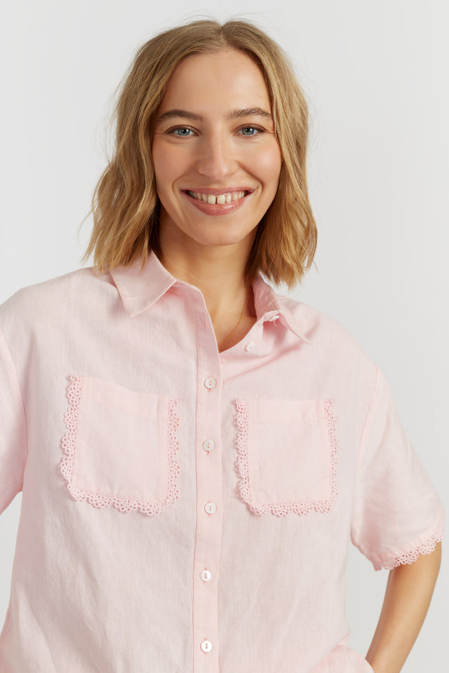 Light-Pink Linen-Blend Scallop Edge Shirt image 2