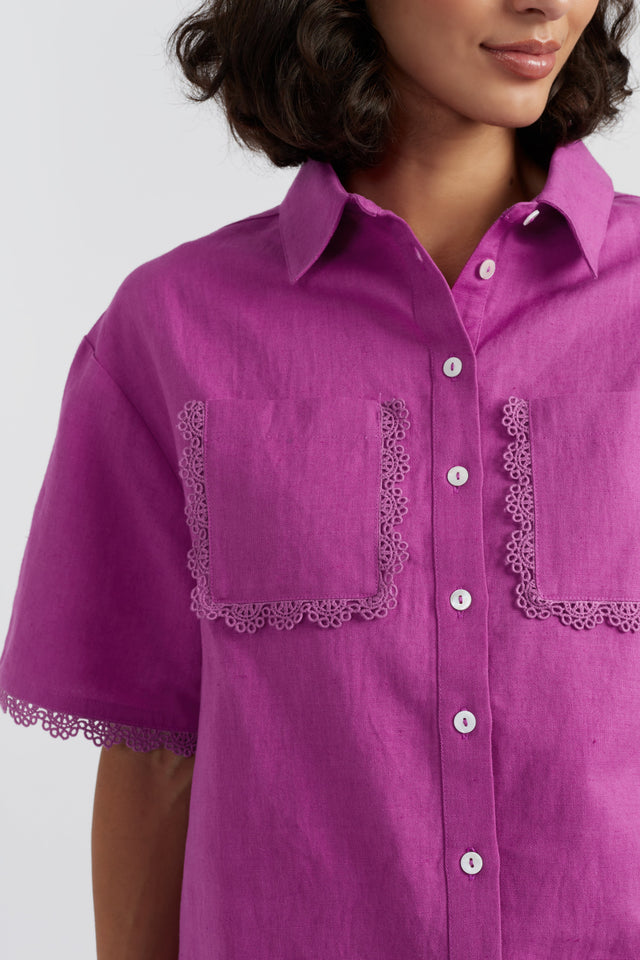 Magenta Linen-Blend Scallop Edge Shirt image 4