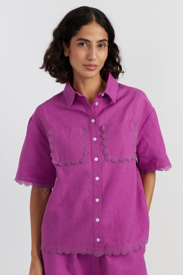 Magenta Linen-Blend Scallop Edge Shirt image 2