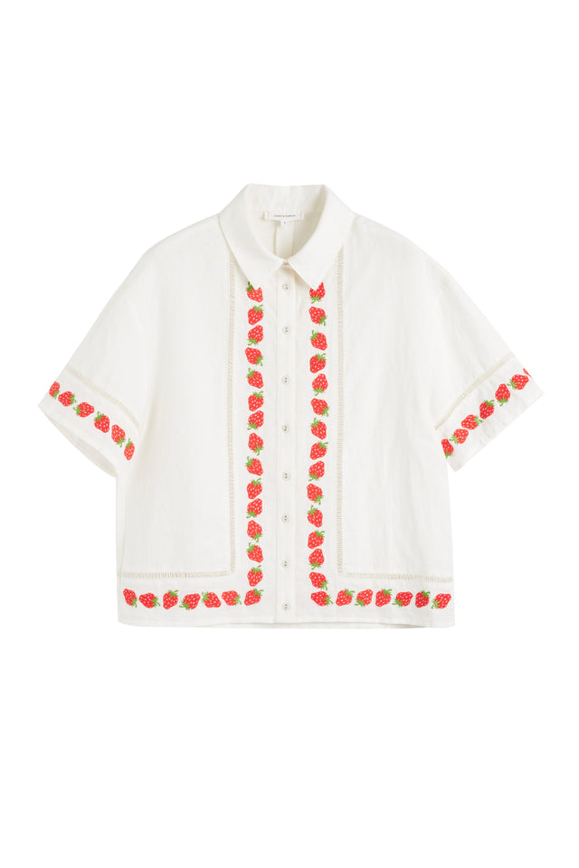 Cream Linen-Blend Strawberry Shirt image 5