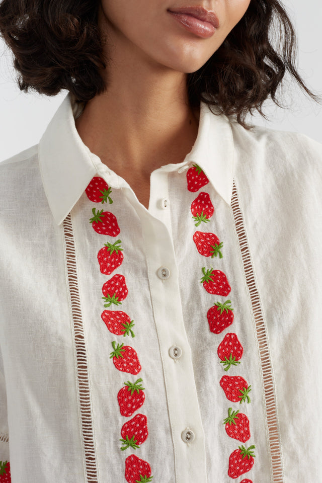 Cream Linen-Blend Strawberry Shirt image 4