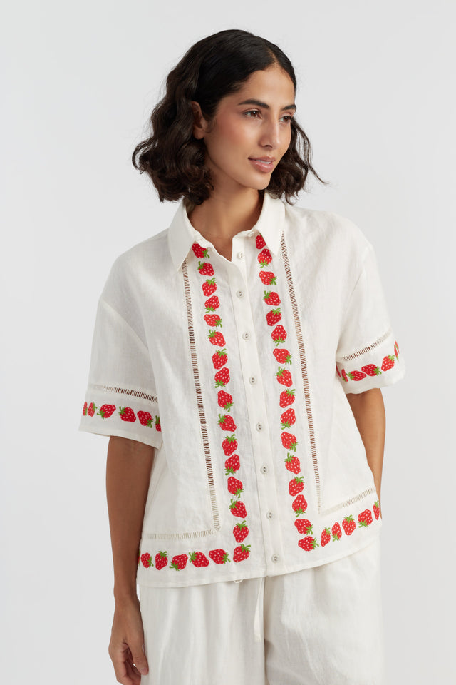 Cream Linen-Blend Strawberry Shirt image 2