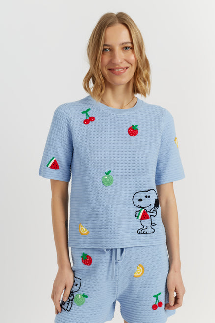 Light-Blue Cotton Snoopy Crochet T-Shirt