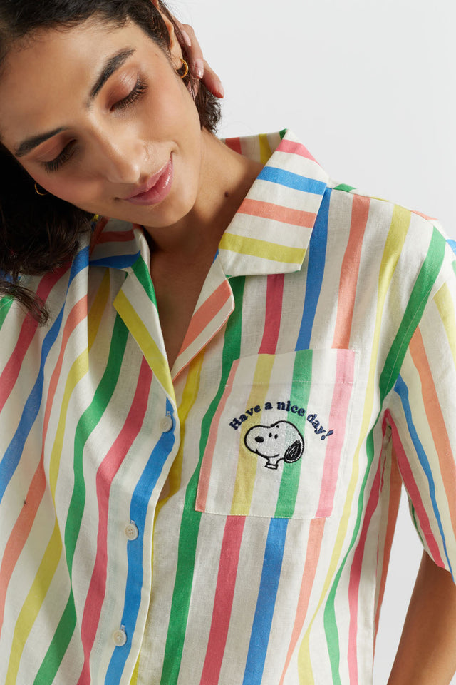 Multi Linen-Cotton Snoopy Stripe Shirt image 1