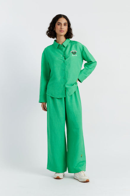 Green Linen-Cotton Peanuts Racquet Club Trousers
