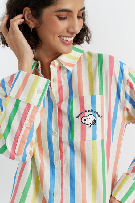 Multi Linen-Cotton Snoopy Stripe Long Sleeve Shirt