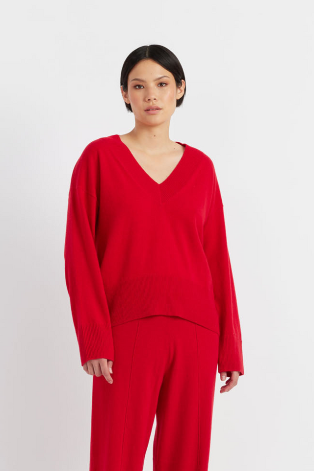 Velvet-Red Wool-Cashmere V-Neck Sweater image 1