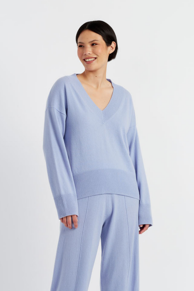 Washed-Blue Wool-Cashmere V-Neck Sweater image 1