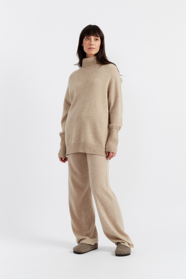 Oatmeal Pure Cashmere Wide-Leg Pants image 3