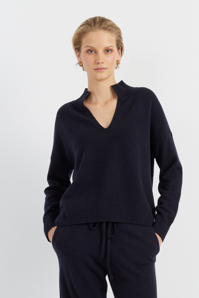 Navy Pure Cashmere V-Neck Funnel Sweater image 1