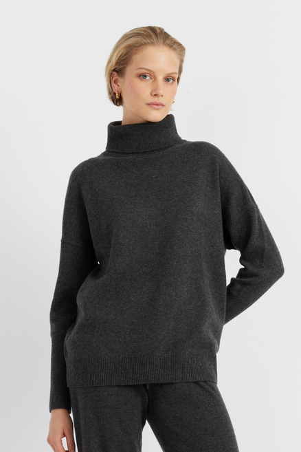 Charcoal Pure Cashmere Rollneck Sweater