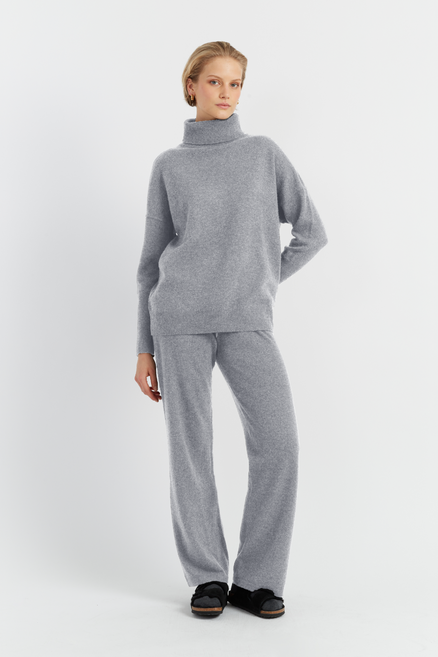 Grey Pure Cashmere Wide-Leg Track Pants