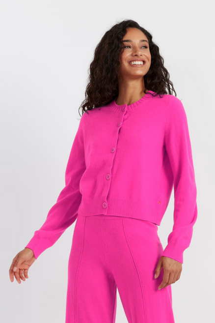 Fuchsia Wool-Cashmere Crew Neck Cardigan