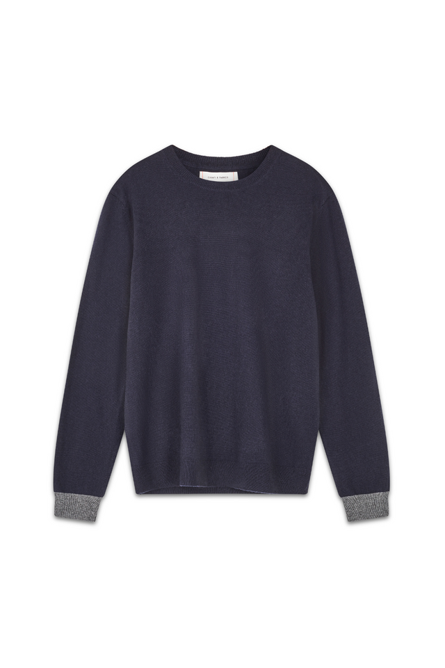 Navy Wool-Cashmere Contrast Cuff Men's Sweater image 2