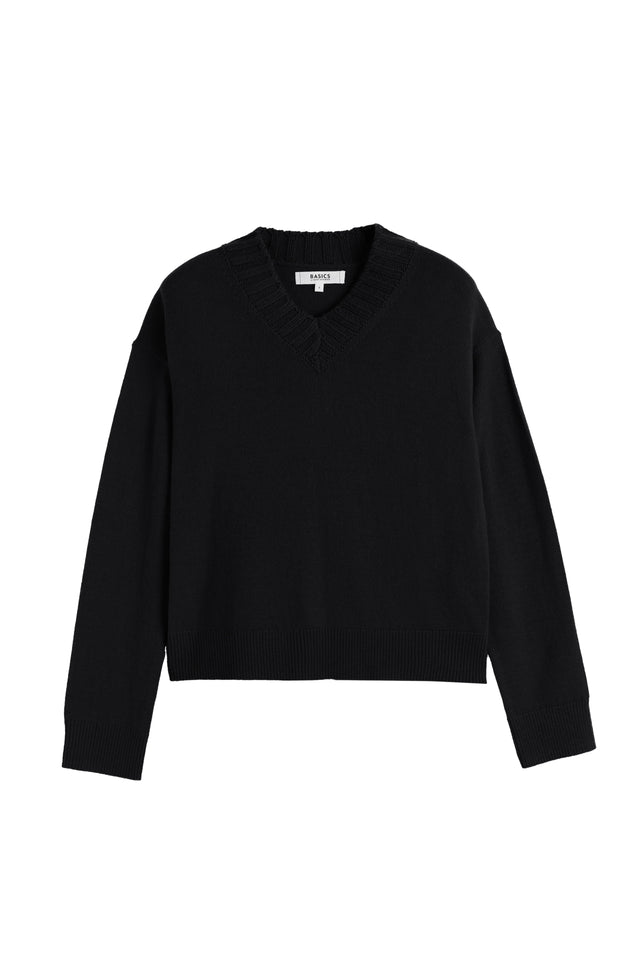 Black Wool-Cashmere Ribbed V-neck Sweater image 4