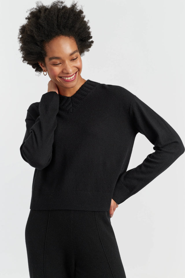 Black Wool-Cashmere Ribbed V-neck Sweater image 1
