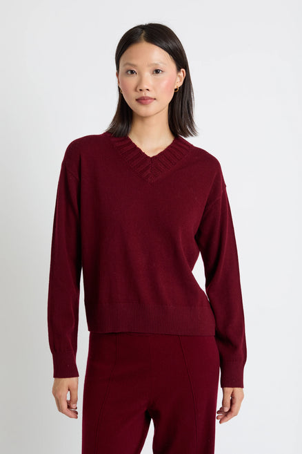 Claret Wool-Cashmere Ribbed V-neck Sweater