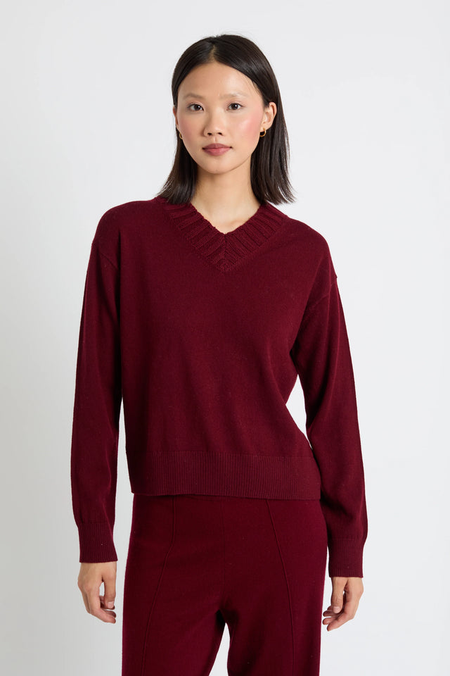 Claret Wool-Cashmere Ribbed V-neck Sweater image 1