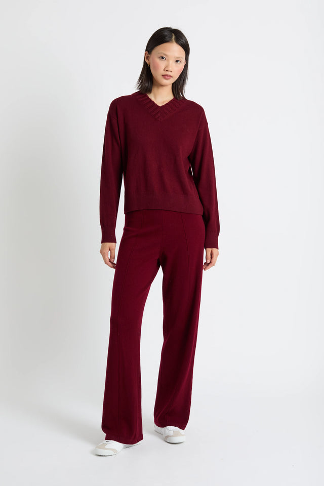 Claret Wool-Cashmere Ribbed V-neck Sweater image 2