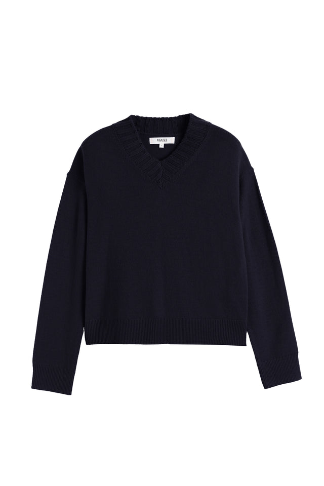 Navy Wool-Cashmere Ribbed V-neck Sweater image 4