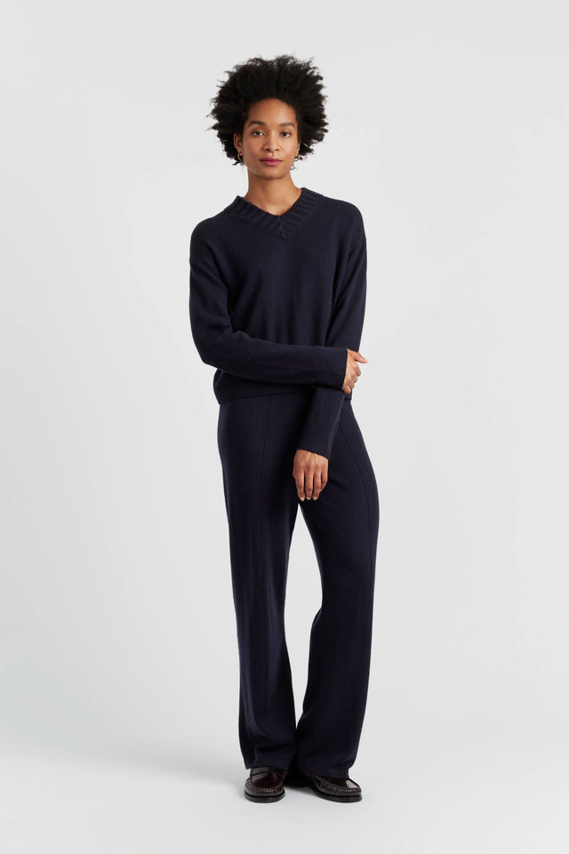 Black Wool-Cashmere Ribbed V-neck Sweater image 2