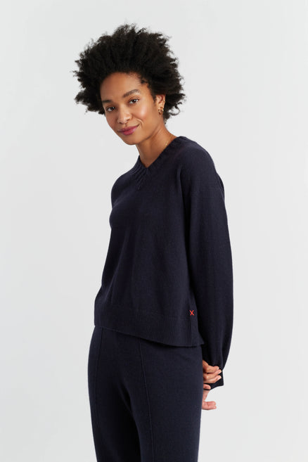 Navy Wool-Cashmere Ribbed V-neck Sweater