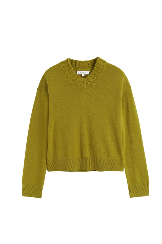 Olive Wool-Cashmere Ribbed V-neck Sweater image 4