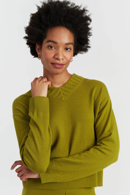 Olive Wool-Cashmere Ribbed V-neck Sweater