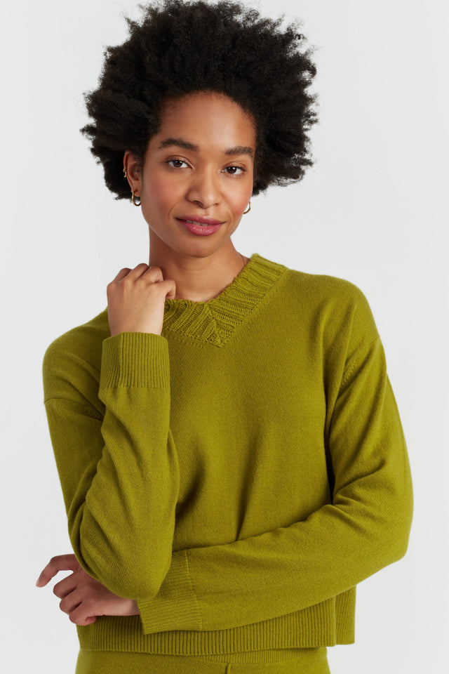 Olive Wool-Cashmere Ribbed V-neck Sweater image 1