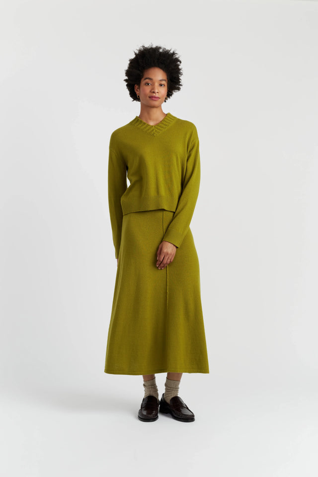 Olive Wool-Cashmere Ribbed V-neck Sweater image 2