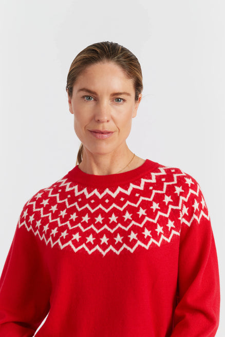 Velvet-Red Wool-Cashmere Star Yoke Sweater
