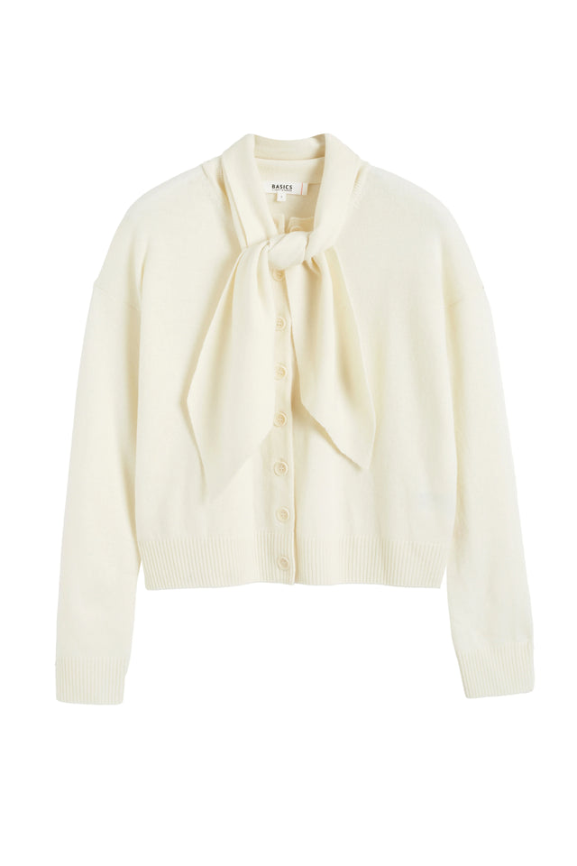 Cream Wool-Cashmere Tie Neck Cardigan image 5