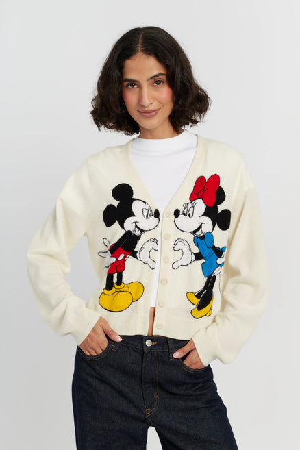 Cream Wool-Cashmere Mickey & Minnie Cardigan