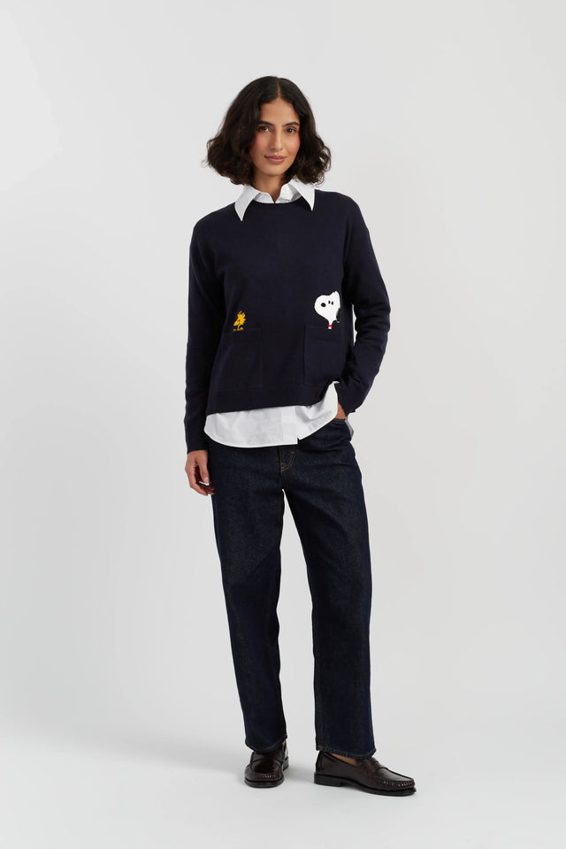 Navy Wool-Cashmere Snoopy Peeking Pocket Sweater image 2