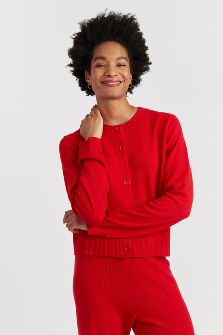 Velvet-Red Wool-Cashmere Crew Neck Cardigan