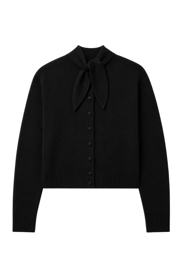 Black Wool-Cashmere Tie Neck Cardigan image 6