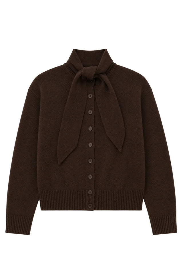 Chocolate Wool-Cashmere Tie Neck Cardigan image 7