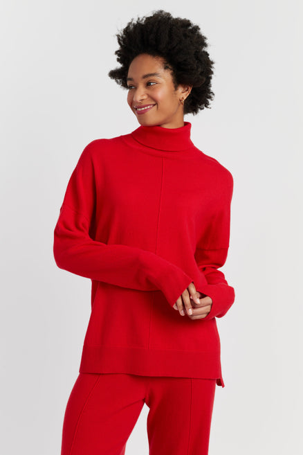 Velvet-Red Wool-Cashmere Relaxed Rollneck Sweater