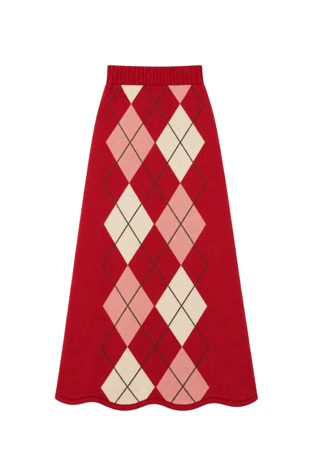 Red Wool-Cashmere Argyle Skirt image 4