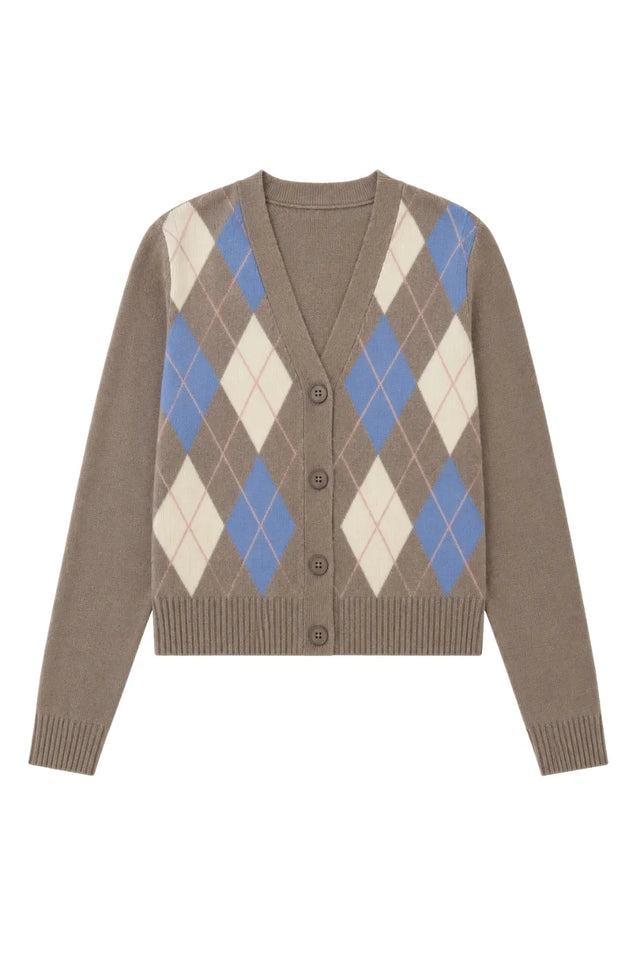 Oatmeal Wool-Cashmere Argyle Cardigan image 5